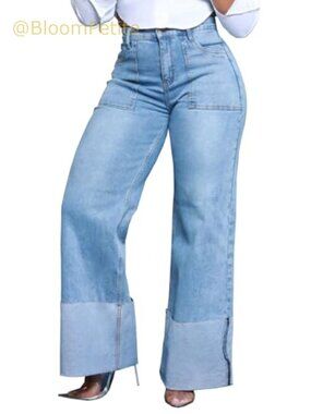 High Waisted Wide Leg Straight Jeans Stretch Loose Denim Pants
